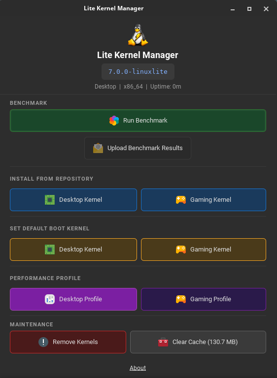 Lite Kernel Manager &mdash; the Linux Lite GUI for installing, switching and benchmarking the desktop and gaming kernels